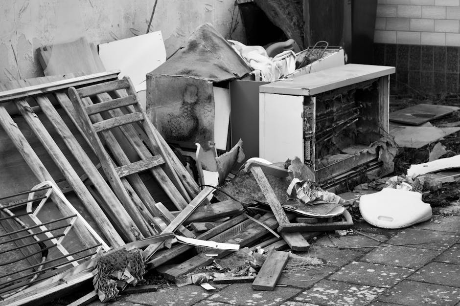 The image shows an antique wooden armchair with an upholstered fabric seat and backrest, positioned indoors on a wooden floor. Behind the armchair, there is a large piece of fabric-covered furniture, possibly a sofa or extended cushion, with a mix of grey, maroon, and other fabric sections draped over it. To the left, a plastic bag containing some items is visible, and the background includes a window or door frame leading to an outdoor garden with green foliage. The lighting appears natural, with daylight illuminating the scene, suggesting the setting may be a storage or staging area for house removals. The environment indicates packing and furniture transportation activities, with the visible furniture and materials likely prepared for moving or disposal, consistent with services provided by Man with Van Snaresbrook.