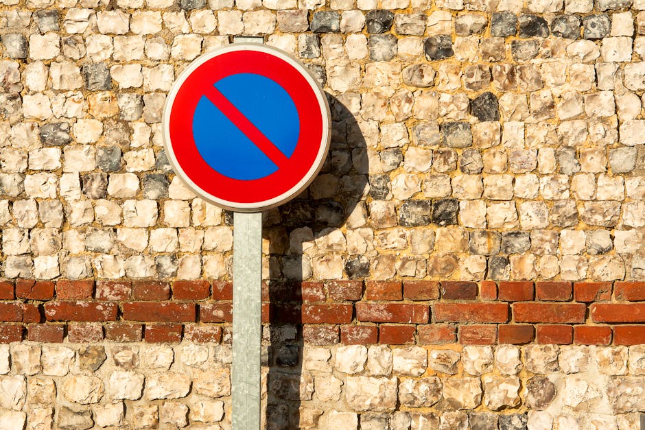 A circular no parking traffic sign with a red border and blue centre featuring a red diagonal line across it, mounted on a grey metal pole casting a shadow on a brick and stone wall. The wall consists of beige and brown stones with a horizontal red brick band running along its middle. The sign is positioned outdoors in an urban setting, indicating parking restrictions, which may impact house removal or moving logistics. The image is related to parking regulations within the context of home relocation services provided by Man with Van Snaresbrook, illustrating the importance of understanding parking and loading rules during furniture transport and loading processes.