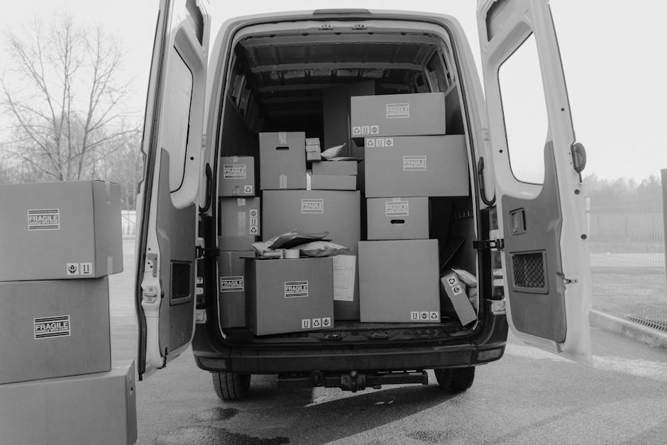 Photograph of the open rear doors of a large white moving van filled with various cardboard boxes of different sizes, all sealed with packing tape and labeled with 'Fragile' stickers. Some boxes are stacked on top of each other, and a few are placed on the van's floor, with foam packing materials visible among them. Outside the van, two more boxes are positioned on the pavement, awaiting loading or unloading. The interior of the van shows a spacious cargo area with a dark ceiling and walls, suitable for home relocation and furniture transport during packing and moving processes. The scene is outdoors, with a background of a leafless tree, a metal fence, and a partly cloudy sky, indicating a daytime operation, with natural light illuminating the contents. Man with Van Snaresbrook is involved in the logistics of this group of boxes, emphasizing professional removals services for house moves.